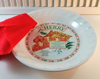 Vintage 10" Ceramic Deep Dish Pie Plate with Cherry Pie Recipe. Himark Golden Pie Collection. Made in Korea. Country Farmhouse Kitchen Decor
