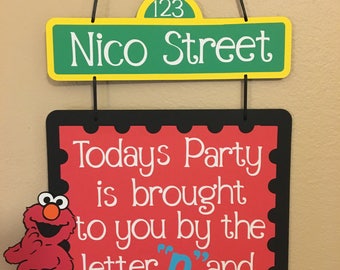 Elmo Birthday party door sign, Today's Party is brought to you by the letter "N" and the number "3"