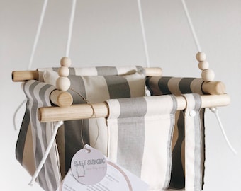 Outdoor swing, gray stripes, baby swing, fabric swing, toddler swing, indoor swing, porch swing, nursery decor, wood swing, baby shower gif