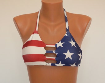 Bikini top/American Flag triangle strappy halter top/Padded bikinis/Swimwear/Swimsuit/Bathing suits/Plus size/4th July/Strappy top