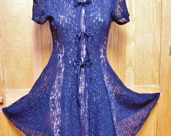 Lace Dress, Black Lace dress, Short lace dress, short sleeve lace dress, 80s Lace dress, size S / M