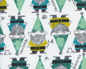PRE-ORDER, Cotton and Steel, Sarah Watts, Front Yard, Gnomes in Green, White Fabric, Garden Gnome Fabric, Bee Fabric, 2069-01