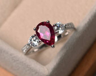 Bague Taille 9 En Argent Avec Rubis Spinel, Citrine Et Pierres Blanches - Coupe Poire Ovale