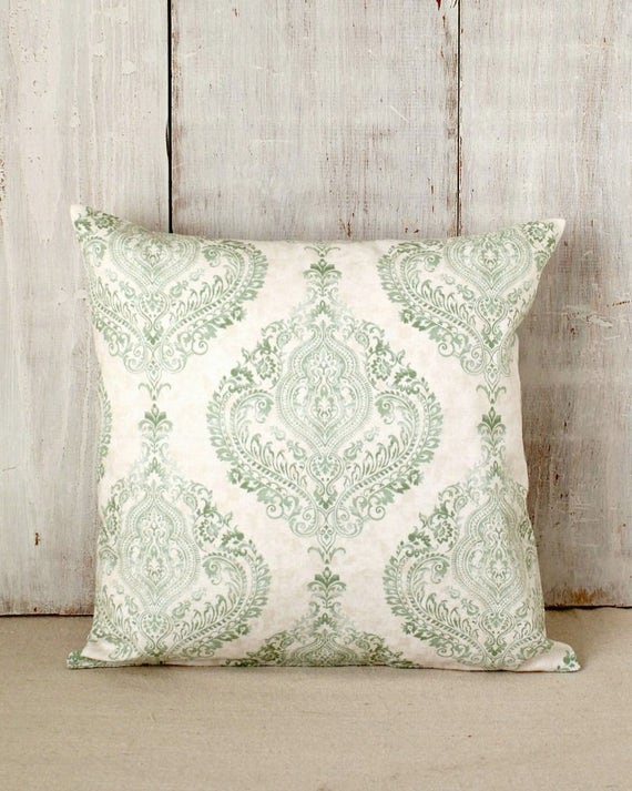 Celadon Green Damask Pillow Cover Green Throw PIllow Cover