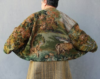 Woodland Deer Coat, Mori Girl Clothing, Jacket with Zipper Vintage Landscape Gobelin Fabric Plus Size Clothing US size 16/18 EU size 46/48