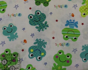 Happy Frogs on white Ribbit stars bees 100% cotton fabric 42" - 44" wide