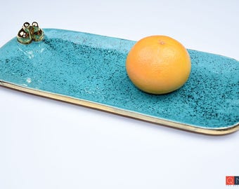 Gold-birds Platter, Large Rectangular Turquoise Plate, Handmade Luxury Ceramic, Melbourne