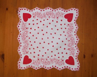 Vintage Valentines & Roses Hankie - '50's Red Hearts Red Roses Floral Valentine Hankie - 1950's Red White Scalloped Heart Hankie Linen