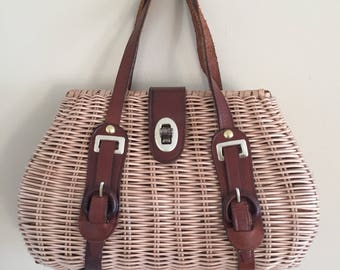 Vintage 1960s Wicker Basket Handbag with Leather Straps