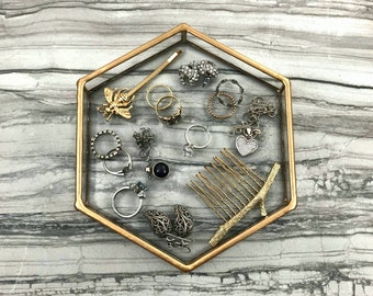 Ring Dish, Jewelry Dish, Ring Tray, Jewelry Tray, Hexagon, Clear Glass, Geometric Ring Dish, Vanity Tray, Catch All, Jewelry Storage, Gold