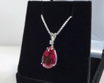 Beautiful 4ct Ruby & White Sapphire Sterling Silver Pendant Necklace Pear Cut Ruby Necklace teardrop July Mom Fiancé holiday jewelry gift