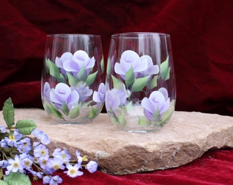 Hand Painted Stemless Wine Glasses - Lavender and White Roses (Set of 2)