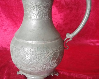 Beautiful Antique Vintage Brass Pitcher With Flower Design #1264