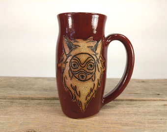 Princess Mononoke Mask Mug - 16 oz Dark Red - Wheel Thrown Hand Carved Studio Ghibli Coffee Cup