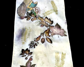 Fairies, faeries hand painted on ecoprinted silk, wall hanging, driftwood, colors from Nature, sustainable, original art by artist 11 x 60
