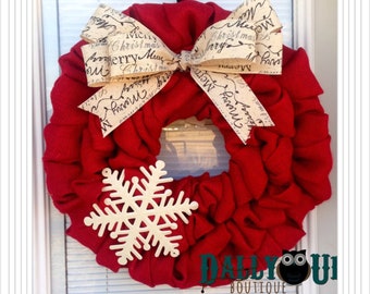 Christmas Burlap Wreath - Winter Wreath, Red with Merry Christmas Ribbon , Holiday Burlap Wreath - Merry Christmas Wreath
