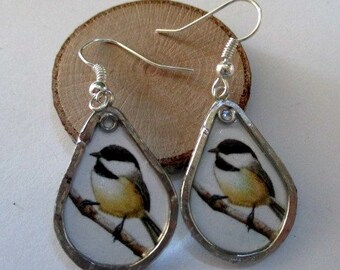 Paper Earrings - Chickadee with Silver - paper jewelry