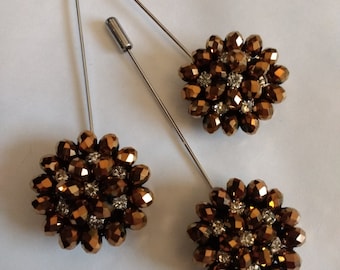 Set of 3 Men's Lapel Pins...Suit Stick Pins...Copper and Crystal Stick Pins.