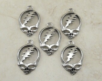 5 Grateful Dead Thunderbolt Lightening Bolt Skull Charms > Steal Your Face - American Made Lead Free Silver Pewter - I ship Internationally