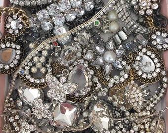 Clear Rhinestone Broken Jewelry Lot Vintage Mod Harvest Repair Craft Repurpose Salvage DIY Weddding Bridal Bouquet Decor Costume Jewelry