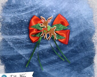 Red and Green Reindeer Hair Bow | 3in French Barrette | Hand Crafted
