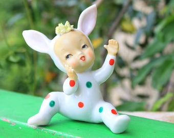 Vintage Christmas Baby Girl w Green Red Polka Dot Bunny Suit Pajamas PJ's Spaghetti Japan 1950's Mid Century Collectible Decoration Figurine
