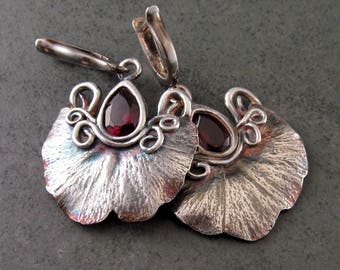Garnet gingko leaf earrings, handmade eco friendly fine silver Art Nouveau earrings-OOAK January birthstone