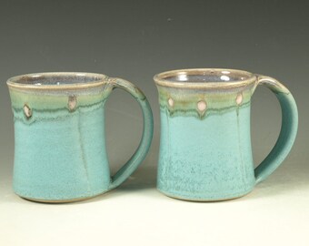 Pair of Coffee Mugs Cup ,large ceramic mugs with large Handle, turquoise, wheel thown (20oz) -- Perfect Hot & Chocolate