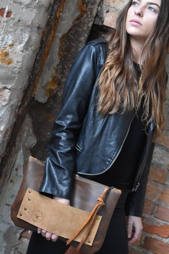 No. 13 Taupe Leather Hand-Clutch