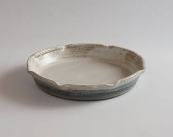 White and Blue Pie Plate by Leslie Hero (handmade, wheel thrown, ceramic pottery)