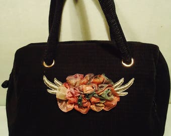 Vintage 1980s Black Handbag with Floral Front Detail