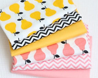 White & Green Pears Printed 100% Cotton, pink pear fabric, yellow pears on white