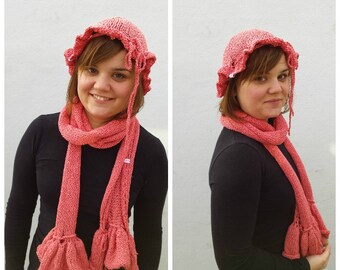 Pink cotton scarf and hat with ruffles and bows, cotton scarf, pink scarf, pink hat, cotton, ruffled scarf, pink ruffled scarf, romantic set