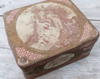 Vintage Antique 1900 old French tin box / Coffret des Familles /trinket /lithograph box