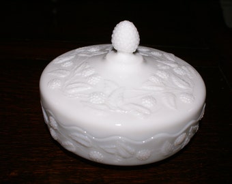 VINTAGE MILK GLASS Powder Jar, Candy Dish, Trinket Dish, Raspberry Pattern