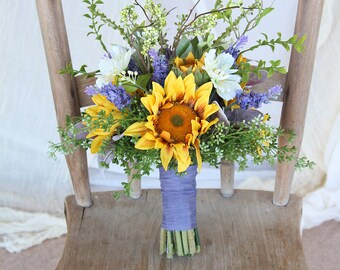 Sunflower Wedding Bouquet | Yellow Gold and Lavender Purple | Boho Wispy Wildflower Bouquet | SG-1010
