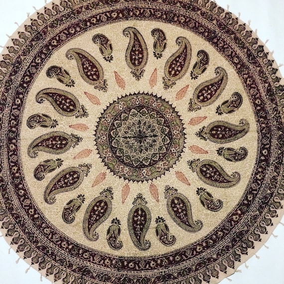 Traditional 60" inches round table-cloth , hand block printed cotton tapestry , natural dyes with tassels , round mandala tablecloth