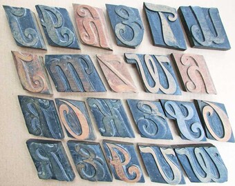 Vintage Letterpress Wooden Type Large 3 In Size Script Letters, Mixed Lot with 22 Pieces, Antique Typography, Wood Type Letters, Old Patina