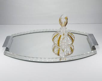 French vintage Mirrored Vanity Tray, Mid Century Etched Mirror and Chrome Serving Tray, Cottage Chic Boudoir Decor