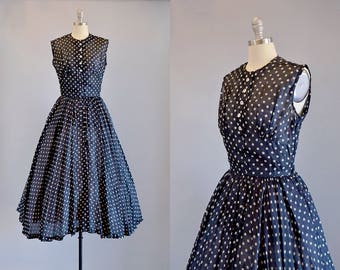 50s Dress // 1950s B&W Polkadot Semi-Sheer Silk Dress // S-M