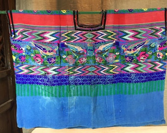 Vintage Guatemala blue huipil with birds and stripes