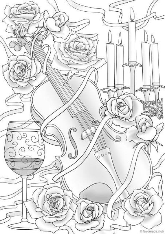 Violin and Flowers Printable Adult Coloring Page from