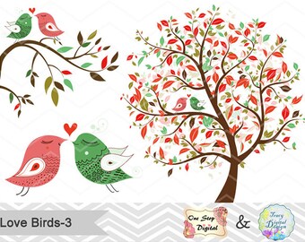 Instant Download Love Bird Clip Art Valentine's Clipart Wedding Clip Art Tree Clipart Branch Heart Bird Element Red and Green Birds 0010