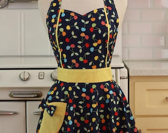 The MAGGIE Vintage Inspired Cherries on Navy Full Apron