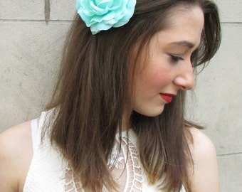 Turquoise Blue Camellia Large Rose Flower Hair Clip or Brooch Vintage 1950s Bridal Prom Rockabilly j99