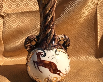 Belgium Hand Painted Handled Pottery Vase, H. Beuqet, Leaping Deer