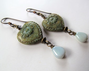 Green with a Touch of Blue Czech Glass Heart with Flowers and and Dangling Teardrop Beads Niobium Earrings - Romantic - BeadedTail