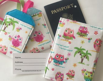 Passport Cover Party Owls, Luggage tag set, Gift for Woman, passport case, travel gift with owls, Tropical travel