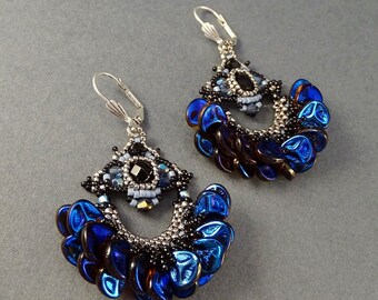 Blue//Steel//Black//Petals//Chandelier Earrings//Free Shipping