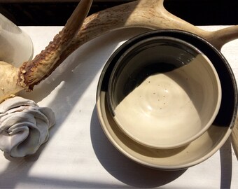 Half Moon Black & White Ceramic Nesting Bowls. Set of Two. Handmade, Wheel thrown Pottery.